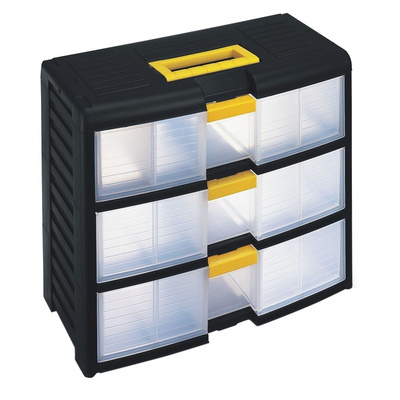 RS PRO 3 Drawer Storage Unit, PP, 334mm x 391mm x 197mm, Black, Transparent