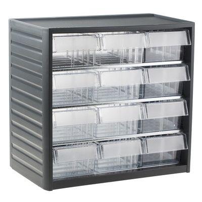 RS PRO 12 Drawer Storage Unit, PP, 290mm x 310mm x 180mm, Grey