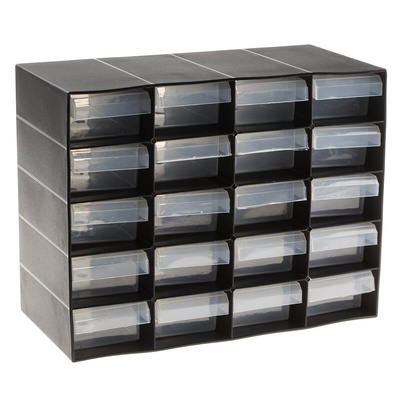 RS PRO 20 Drawer Unit, PP, 210mm x 270mm x 130mm, Black