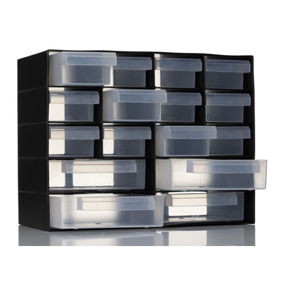 RS PRO 16 Drawer Unit, PP, 210mm x 270mm x 130mm, Black