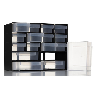 RS PRO 16 Drawer Unit, PP, 210mm x 270mm x 130mm, Black