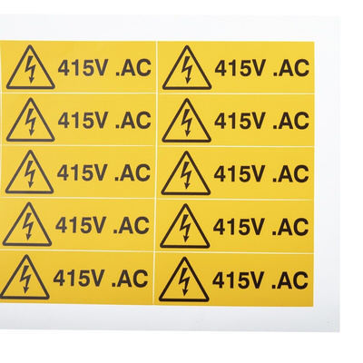 RS PRO Black/Yellow Vinyl Safety Labels, 415V AC-Text 20 mm x 60mm