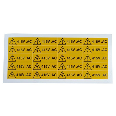 RS PRO Black/Yellow Vinyl Safety Labels, 415V AC-Text 20 mm x 60mm