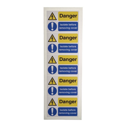 RS PRO Black/Blue/White/Yellow Vinyl Safety Labels, Danger Isolated Before Removing Cover-Text 40 mm x 60mm