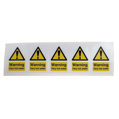 RS PRO Black/White/Yellow Vinyl Safety Labels, Warning Very Hot Water-Text 70 mm x 50mm