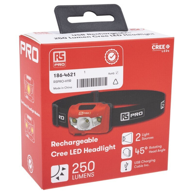 RS PRO LED Head Torch 250 lm, 66 m Range