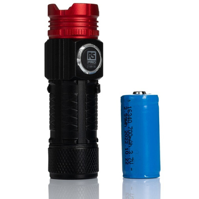 RS PRO LED Torch Black, Red - Rechargeable 600 lm, 74 mm