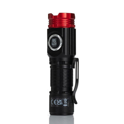 RS PRO LED Torch Black, Red - Rechargeable 1500 lm, 105 mm