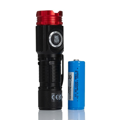 RS PRO LED Torch Black, Red - Rechargeable 1500 lm, 105 mm
