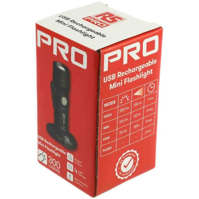 RS PRO LED Pocket Torch Black - Rechargeable 300 lm, 93 mm