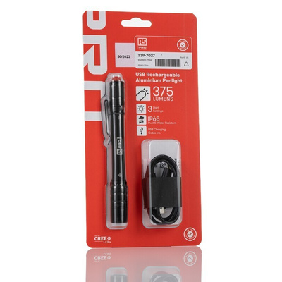 RS PRO LED Pen Torch Black - Rechargeable 375 lm, 152 mm