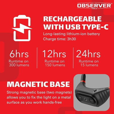 Observer Tools LED, Neck Torch, Flexible Arm, 300 Lumens, IP54