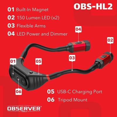Observer Tools LED, Neck Torch, Flexible Arm, 300 Lumens, IP54