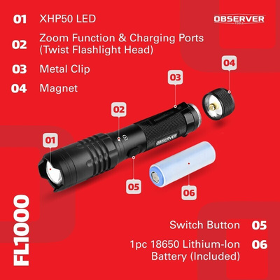 Observer Tools FL1000-B LED Torch Blue - Rechargeable 1200 lm, 174 mm