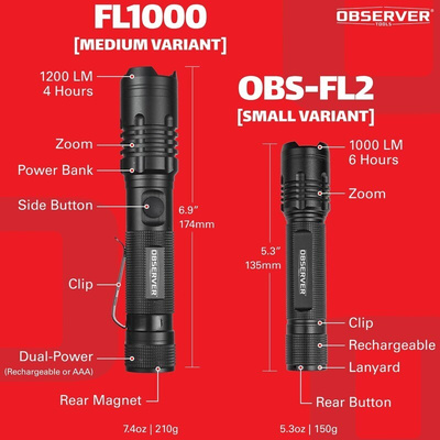Observer Tools OBS-FL2 LED Pocket LED Torch Black - Rechargeable 1000 lm, 135 mm