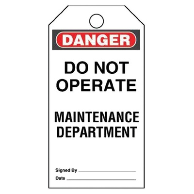 5 x 'Do Not Operate Maintenance Department' Lockout Tag, 3 x 3 x 5.75in