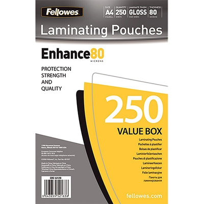 Fellowes A4 Glossy Laminator Pouches 80micron Thickness, 250 Pack Quantity