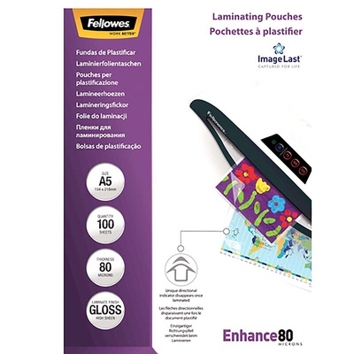 Fellowes A5 Glossy Laminator Pouches 80micron Thickness, 100 Pack Quantity