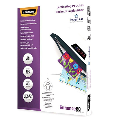 Fellowes A5 Glossy Laminator Pouches 80micron Thickness, 100 Pack Quantity