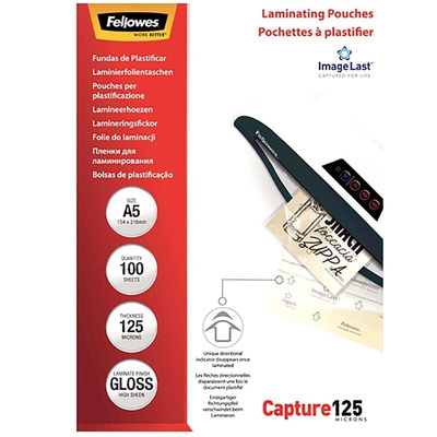 Fellowes A5 Glossy Laminator Pouches 125micron Thickness, 100 Pack Quantity
