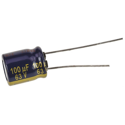 Panasonic 100μF Aluminium Electrolytic Capacitor 63V dc, Radial, Through Hole - EEUFC1J101B
