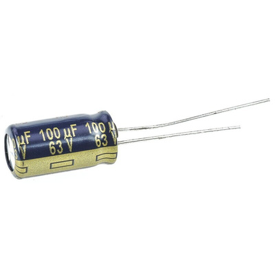 Panasonic 100μF Aluminium Electrolytic Capacitor 63V dc, Radial, Through Hole - EEUFC1J101L
