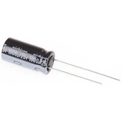 Nichicon 1000μF Aluminium Electrolytic Capacitor 25V dc, Radial, Through Hole - UVR1E102MPD