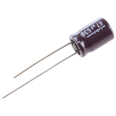Nichicon 47μF Aluminium Electrolytic Capacitor 63V dc, Radial, Through Hole - UPM1J470MPD