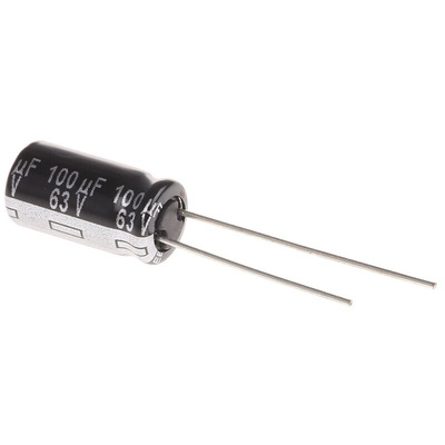 Panasonic 100μF Aluminium Electrolytic Capacitor 63V dc, Radial, Through Hole - EEUEB1J101