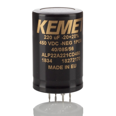 KEMET 220μF Aluminium Electrolytic Capacitor 450V dc, PCB Mount - ALP22A221CD450