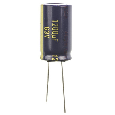 Panasonic 1200μF Aluminium Electrolytic Capacitor 63V dc, Radial, Through Hole - EEUFC1J122