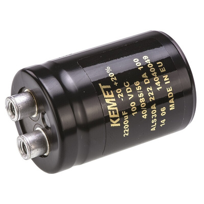 KEMET 2200μF Aluminium Electrolytic Capacitor 100V dc, Screw Terminal - ALS30A222DA100