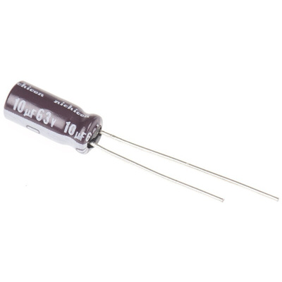 Nichicon 10μF Aluminium Electrolytic Capacitor 63V dc, Radial, Through Hole - UPM1J100MDD