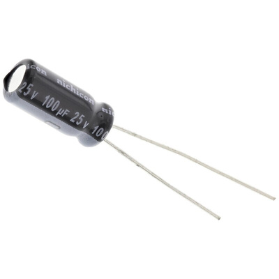 Nichicon 100μF Aluminium Electrolytic Capacitor 25V dc, Radial, Through Hole - UVY1E101MDD
