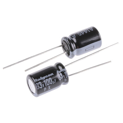 Rubycon 100μF Aluminium Electrolytic Capacitor 63V dc, Radial, Through Hole - 63PX100MEFC8X11.5