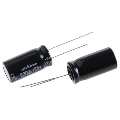 Nichicon 2200μF Aluminium Electrolytic Capacitor 25V dc, Radial, Through Hole - UVR1E222MHD