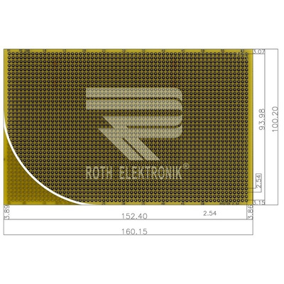 RE200-DSPT, Double Sided Eurocard PCB FR4 With 38 x 61 1.11mm Holes, 2.54 x 2.54mm Pitch, 160.15 x 100.2mm