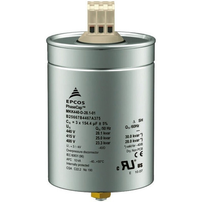 EPCOS B25667C Polypropylene Film Capacitor, 440V ac, -5 → +10%, 3 x 77μF, Stud Mount