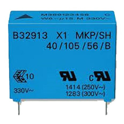 EPCOS B32912 Metallised Polypropylene Film Capacitor, 330 V ac, 760 V dc, ±10%, 100nF, Through Hole
