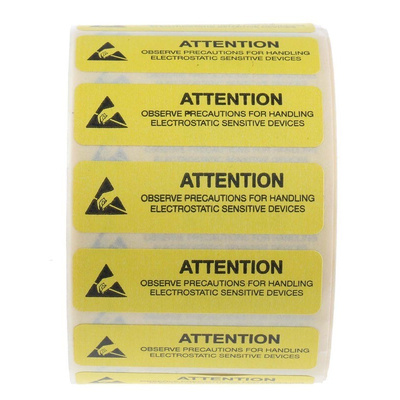RS PRO Yellow Vinyl ESD Label, Attention Observe Precautions For Handling Electrostatic Discharge Sensitive Device-Text