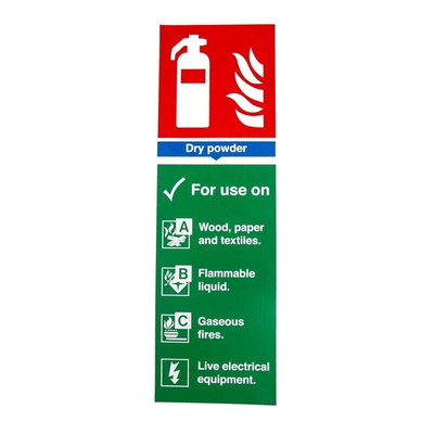 Vinyl Fire Safety Sign, List of materials dry powder can be used on With English Text Self-Adhesive