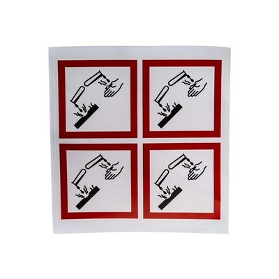 RS PRO White Gloss Polymeric Vinyl Safety Labels, GHS Corresive-Text 100 mm x 100mm