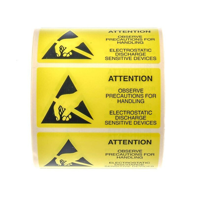 RS PRO Yellow Paper ESD Label, Attention Observe Precautions For Handling Electrostatic Discharge Sensitive Device-Text