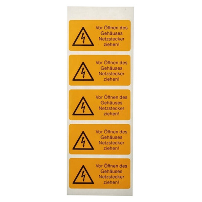 Idento Yellow PVC Safety Labels, Vor Öffnen des Gehäuses Netzstecker ziehen!-Text