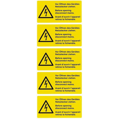Idento Yellow PVC Safety Labels, Vor Öffnen des Gerätes Netzstecker ziehen. Before opening disconnect mains. Avant