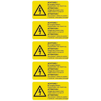 Idento Yellow PVC Safety Labels, ACHTUNG! Bei ausgeschaltetem Hauptschalter unter Spannung; ATTENTION! Voltage also