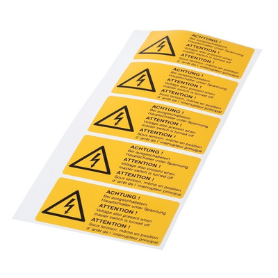 Idento Yellow PVC Safety Labels, ACHTUNG! Bei ausgeschaltetem Hauptschalter unter Spannung; ATTENTION! Voltage also