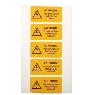 Idento Yellow PVC Safety Labels, ACHTUNG! Vor dem Öffnen Netzstecker ziehen!-Text