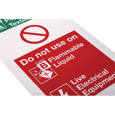 Plastic Fire Safety Sign, Materials extinguisher can be used on With English Text