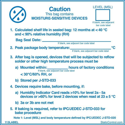 SCS Blue Paper ESD Label, Moisture Sensitive Caution Label-Text 102 mm x 102mm